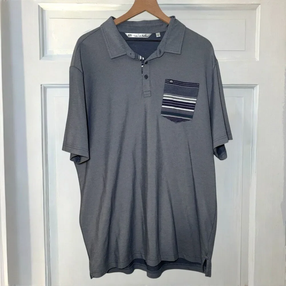 Travis Mathew Polo Golf Shirt Men's XXL‎ Gray Stripped Pocket Short Sleeve Shirt